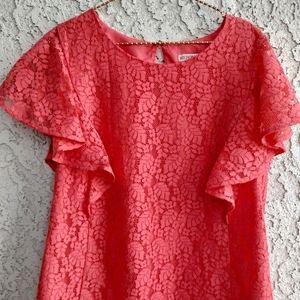 MERONA - Coral Orange - Lace Overlay Top -  Flutter Sleeve - Scoop Neck -Size 2X